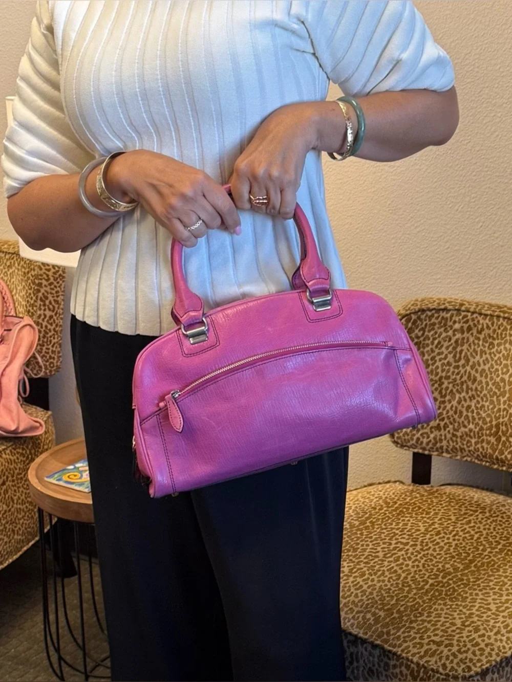 💯 Authentic FRANCESCO BIASIA Pink Leather Bowler Satchel Bag w Silver Hardware